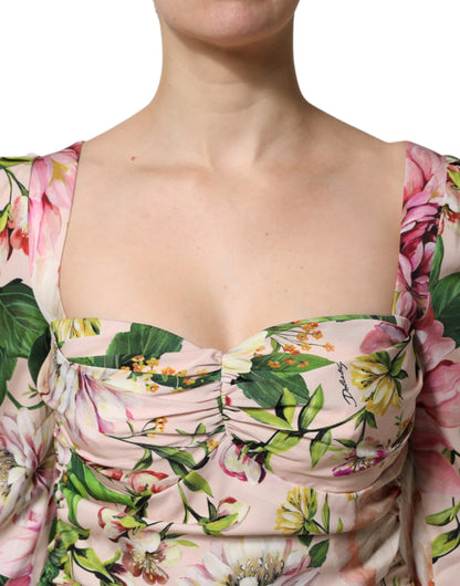 Dolce &amp; Gabbana – Figurbetontes Midikleid aus Seide mit Blumenmuster in Rosa