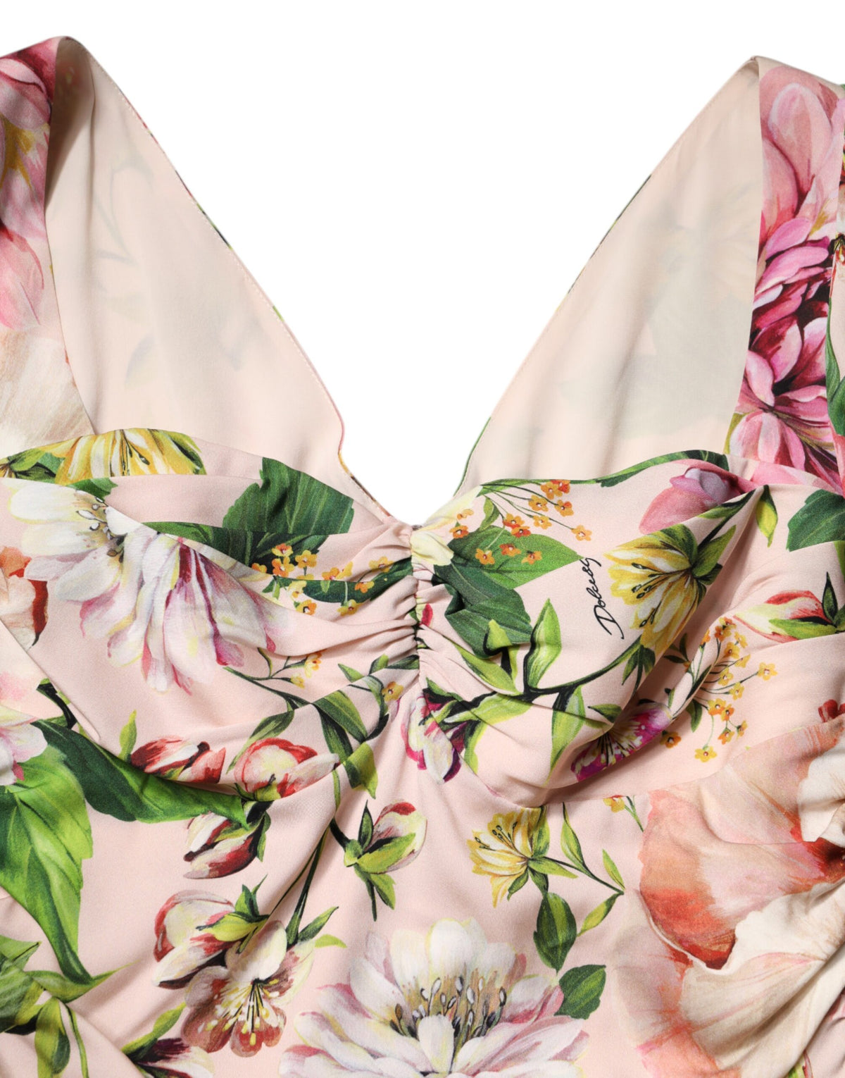 Dolce & Gabbana Rosa geblümtes Seiden-Midi-Kleid mit figurbetonter Passform und ausgestelltem Rock