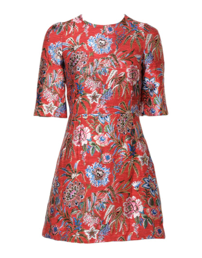 Dolce &amp; Gabbana – Rotes Jacquard-Minikleid in A-Linie mit Blumenmuster