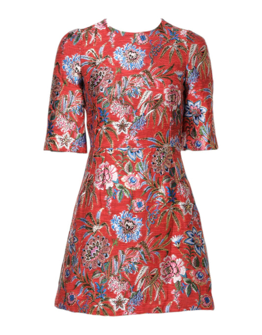 Dolce &amp; Gabbana – Rotes Jacquard-Minikleid in A-Linie mit Blumenmuster