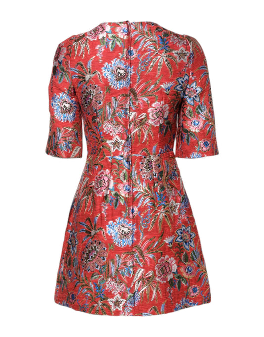 Dolce &amp; Gabbana – Rotes Jacquard-Minikleid in A-Linie mit Blumenmuster