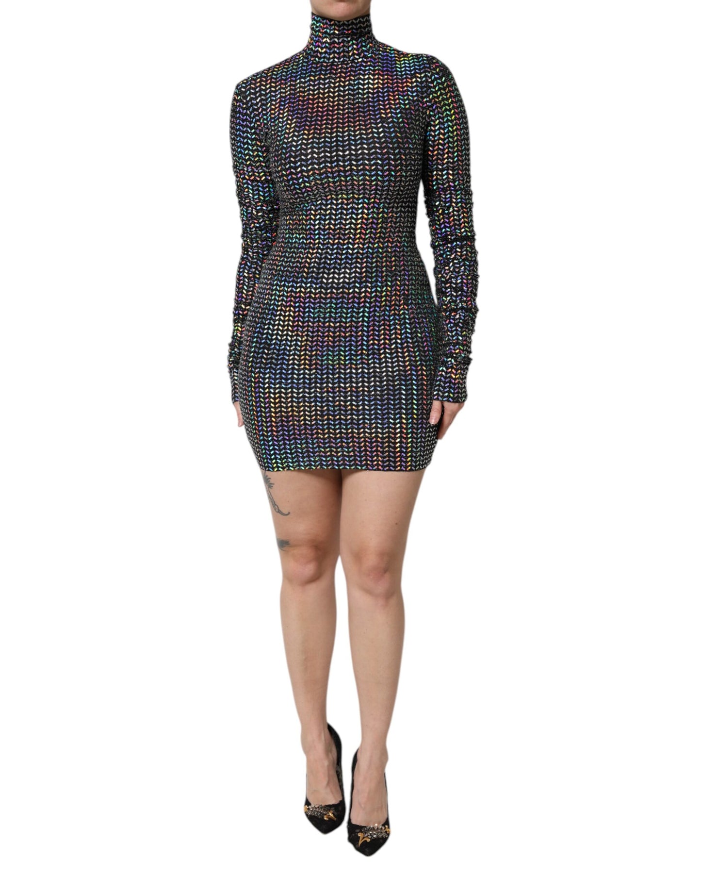 Dolce &amp; Gabbana – Schwarzes, verziertes, figurbetontes Minikleid aus Nylon