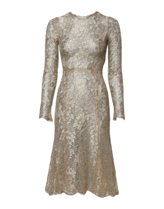 Dolce &amp; Gabbana – Figurbetontes Kleid mit langen Ärmeln und Blumenspitze in Gold