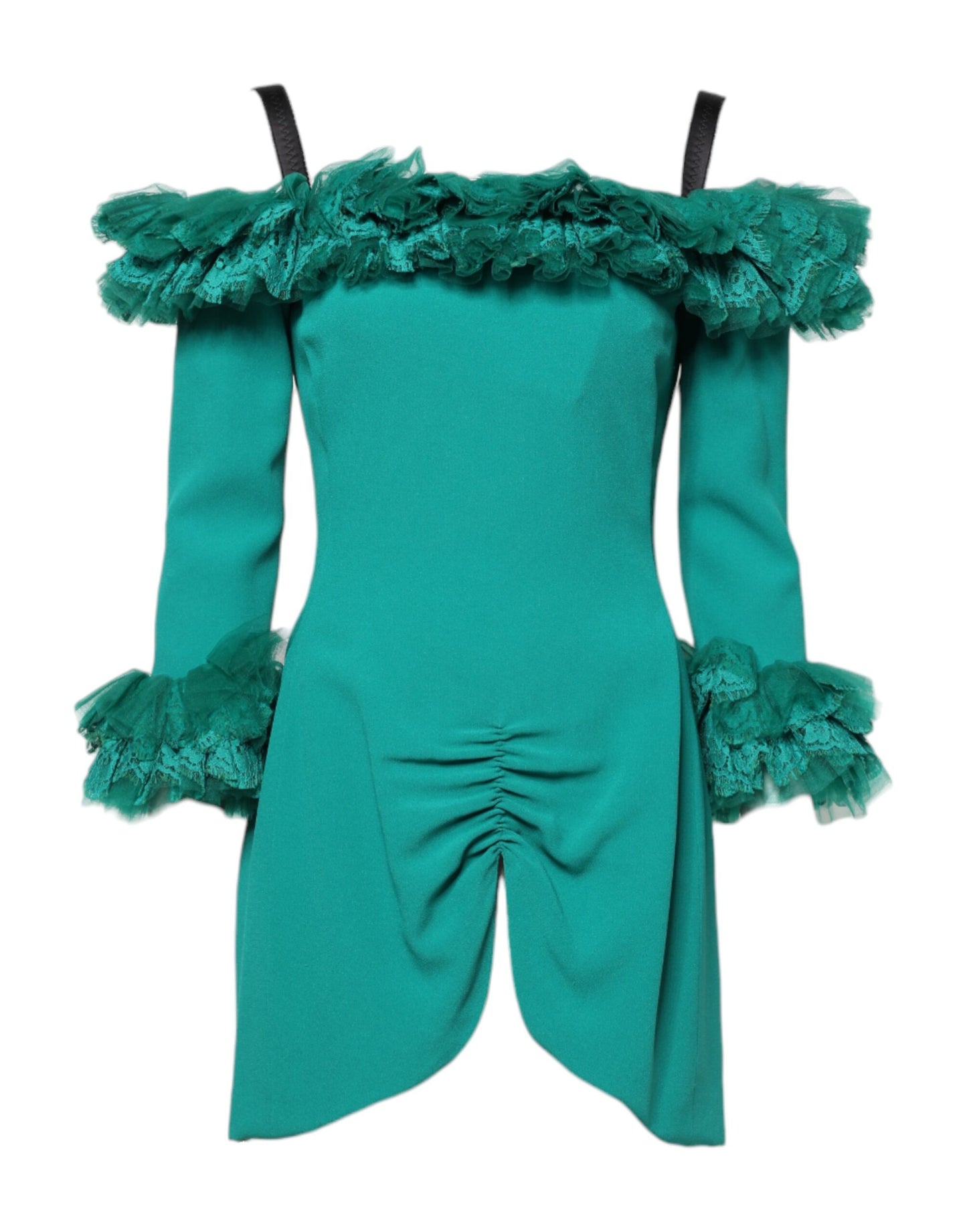 Dolce &amp; Gabbana – Schulterfreies Mini-Etuikleid aus grüner Spitze