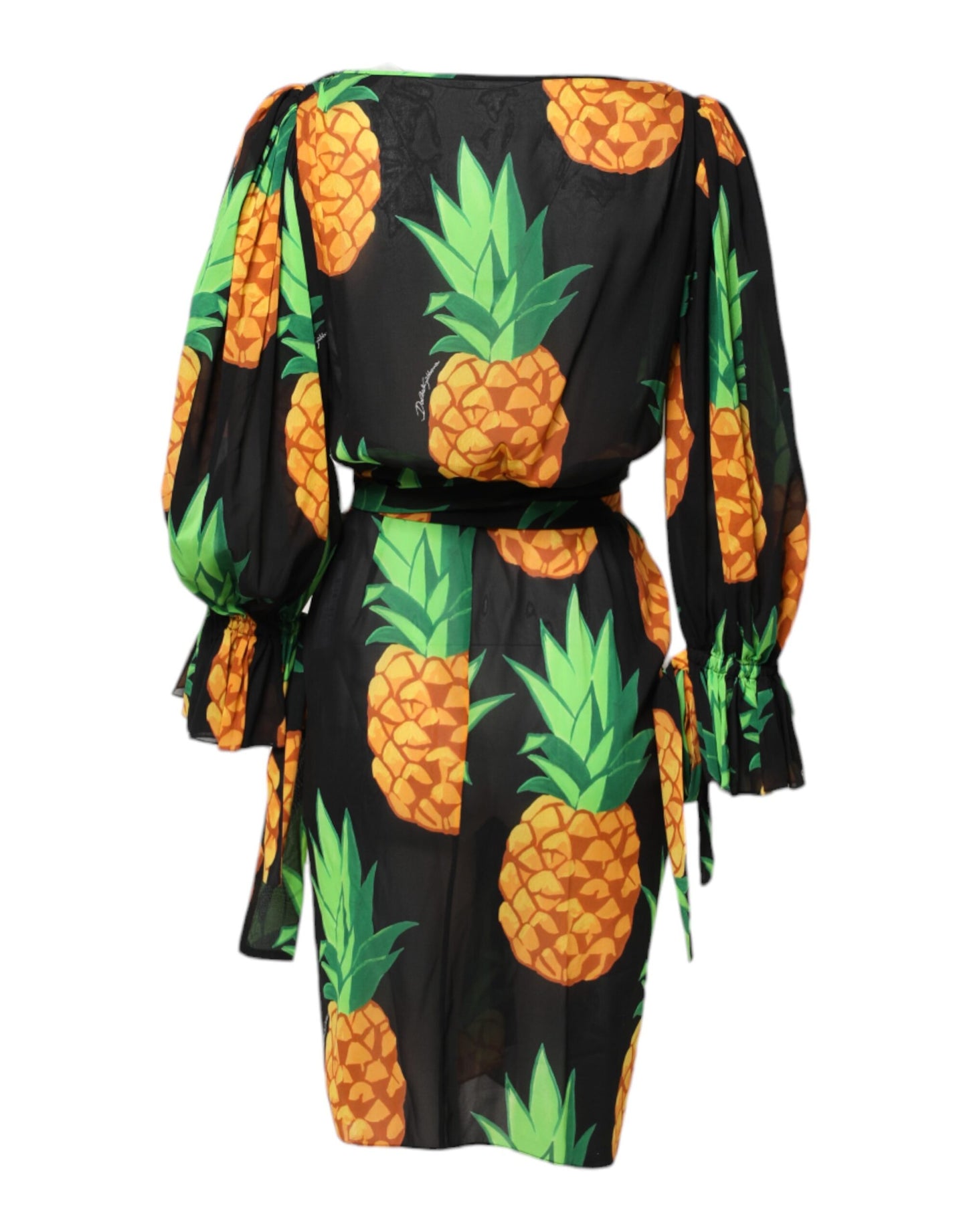 Dolce &amp; Gabbana – Schwarzes Mini-Wickelkleid aus Seide mit Ananas-Print