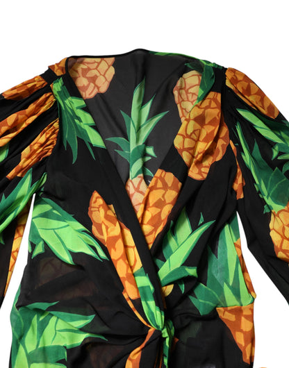 Dolce &amp; Gabbana – Schwarzes Mini-Wickelkleid aus Seide mit Ananas-Print