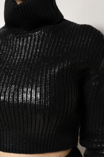 Dolce &amp; Gabbana – Schwarzes, kurzärmliges Rollkragenoberteil aus Wolle