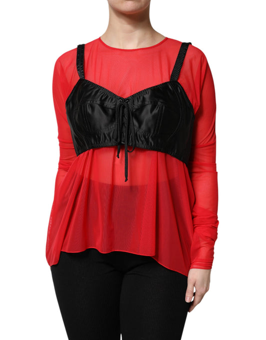 Dolce &amp; Gabbana – Rot-schwarzes Oberteil mit langen Ärmeln und Bustier-Detail