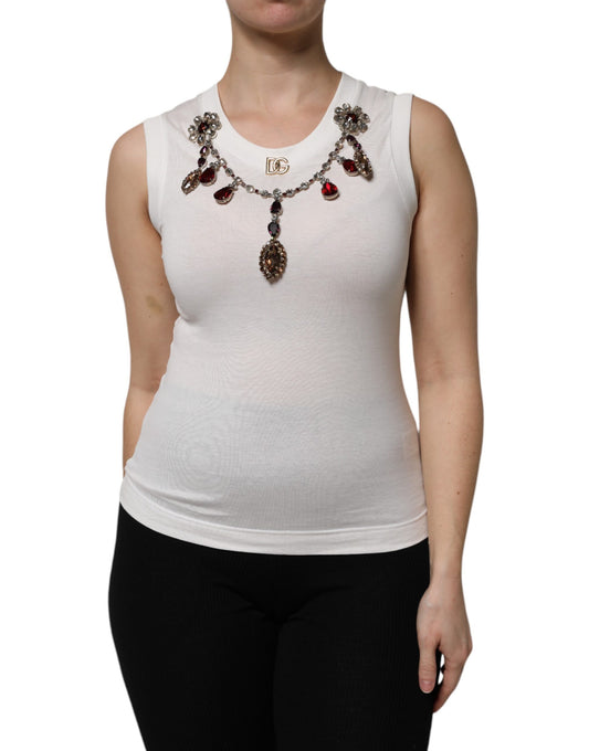 Dolce &amp; Gabbana – Weißes Tanktop aus Baumwolle mit Logo und Kristallverzierung