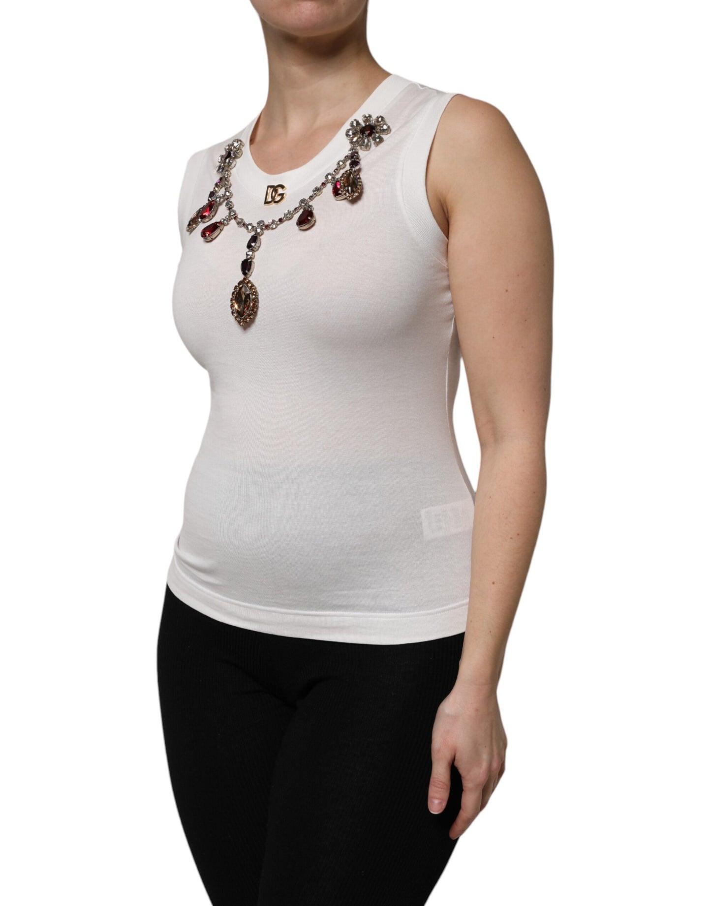 Dolce &amp; Gabbana – Weißes Tanktop aus Baumwolle mit Logo und Kristallverzierung