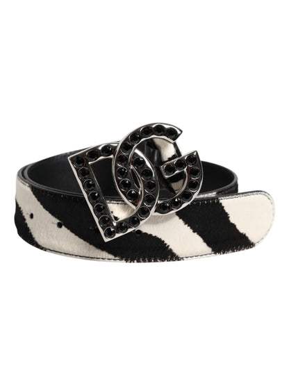 Dolce &amp; Gabbana Weiß-schwarzer Ledergürtel mit Zebra-DG-Kristallschnalle