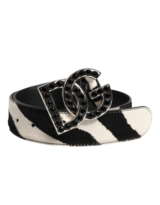 Dolce &amp; Gabbana Weiß-schwarzer Ledergürtel mit Zebra-DG-Kristallschnalle