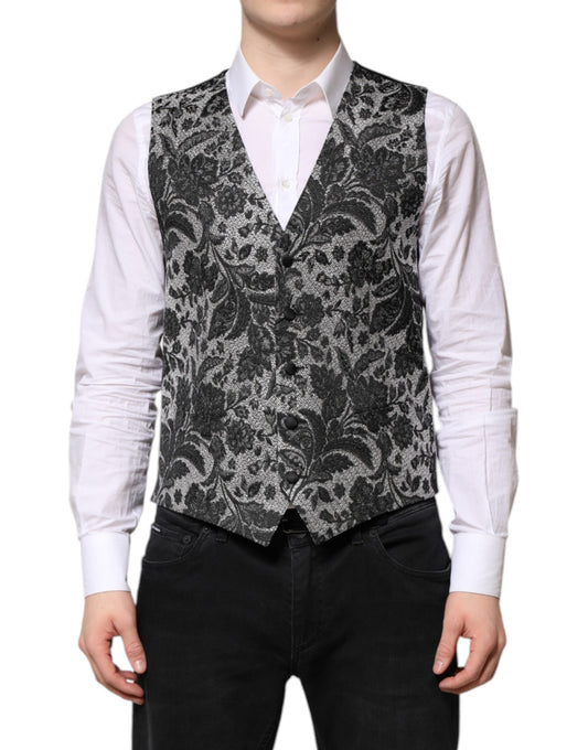 Dolce &amp; Gabbana Schwarz Grau Brokat Formale Herren Weste