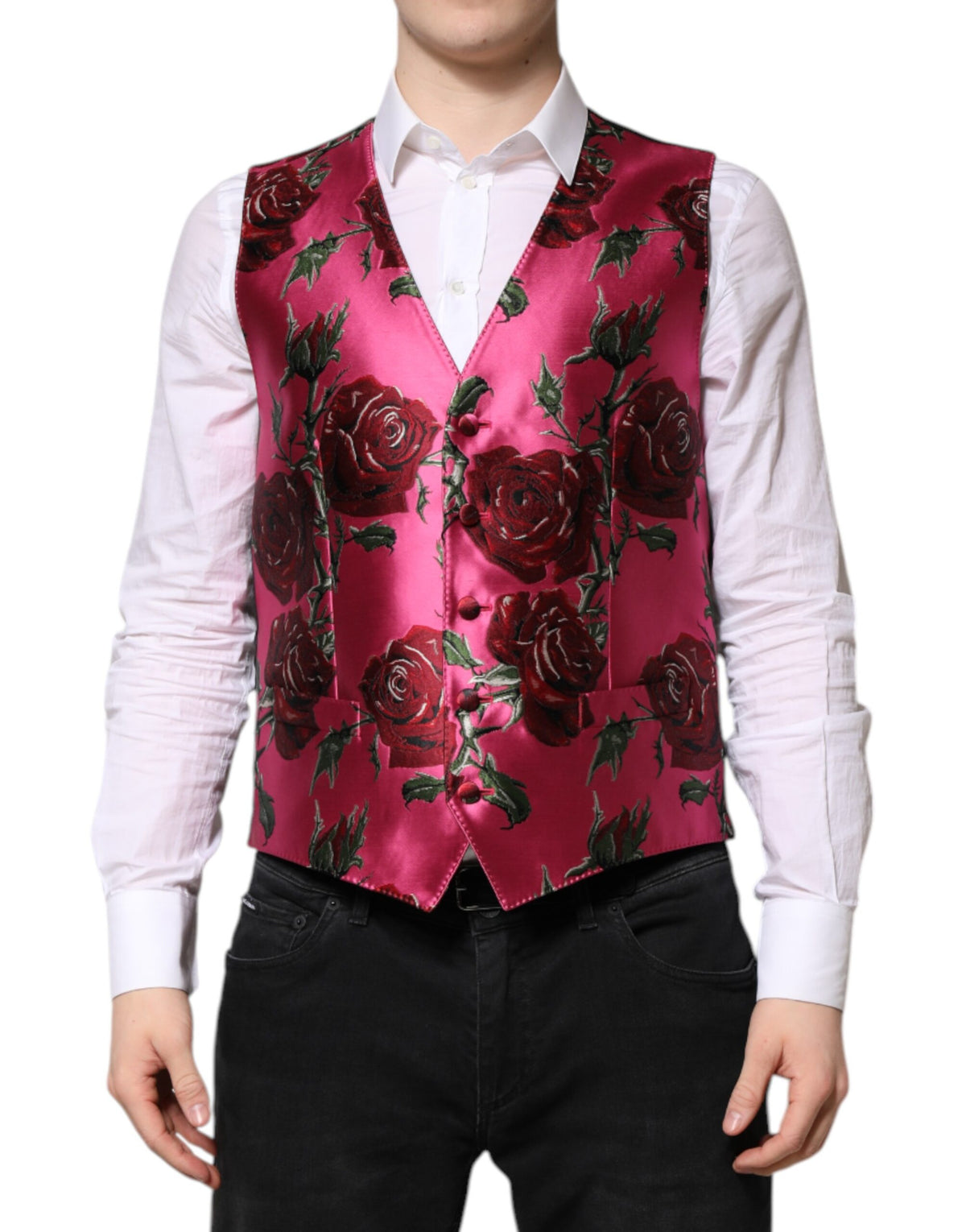 Dolce & Gabbana Rosa geblühte Satin-Anzugweste für Herren