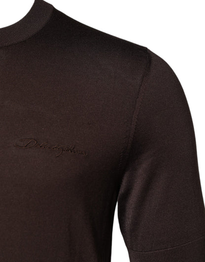 Dolce & Gabbana Brown Silk Logo Embroidery Crew Neck T-shirt