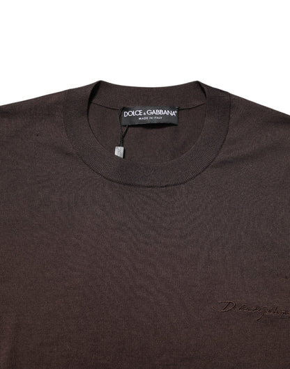 Dolce & Gabbana Brown Silk Logo Embroidery Crew Neck T-shirt