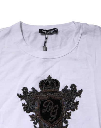 Dolce &amp; Gabbana – Weißes T-Shirt aus bestickter Baumwolle mit Rundhalsausschnitt