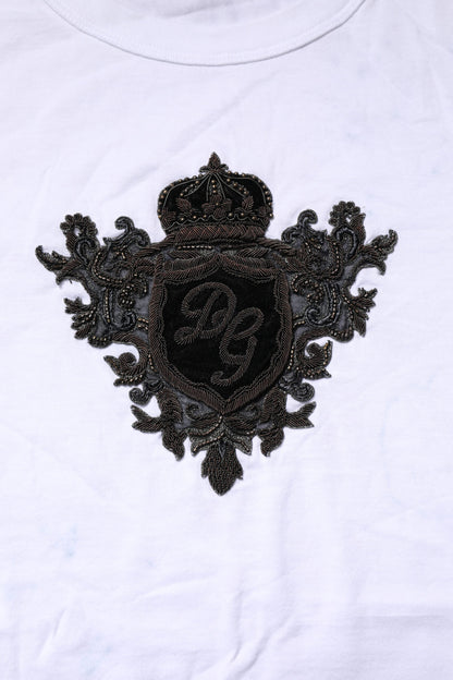 Dolce &amp; Gabbana – Weißes T-Shirt aus bestickter Baumwolle mit Rundhalsausschnitt