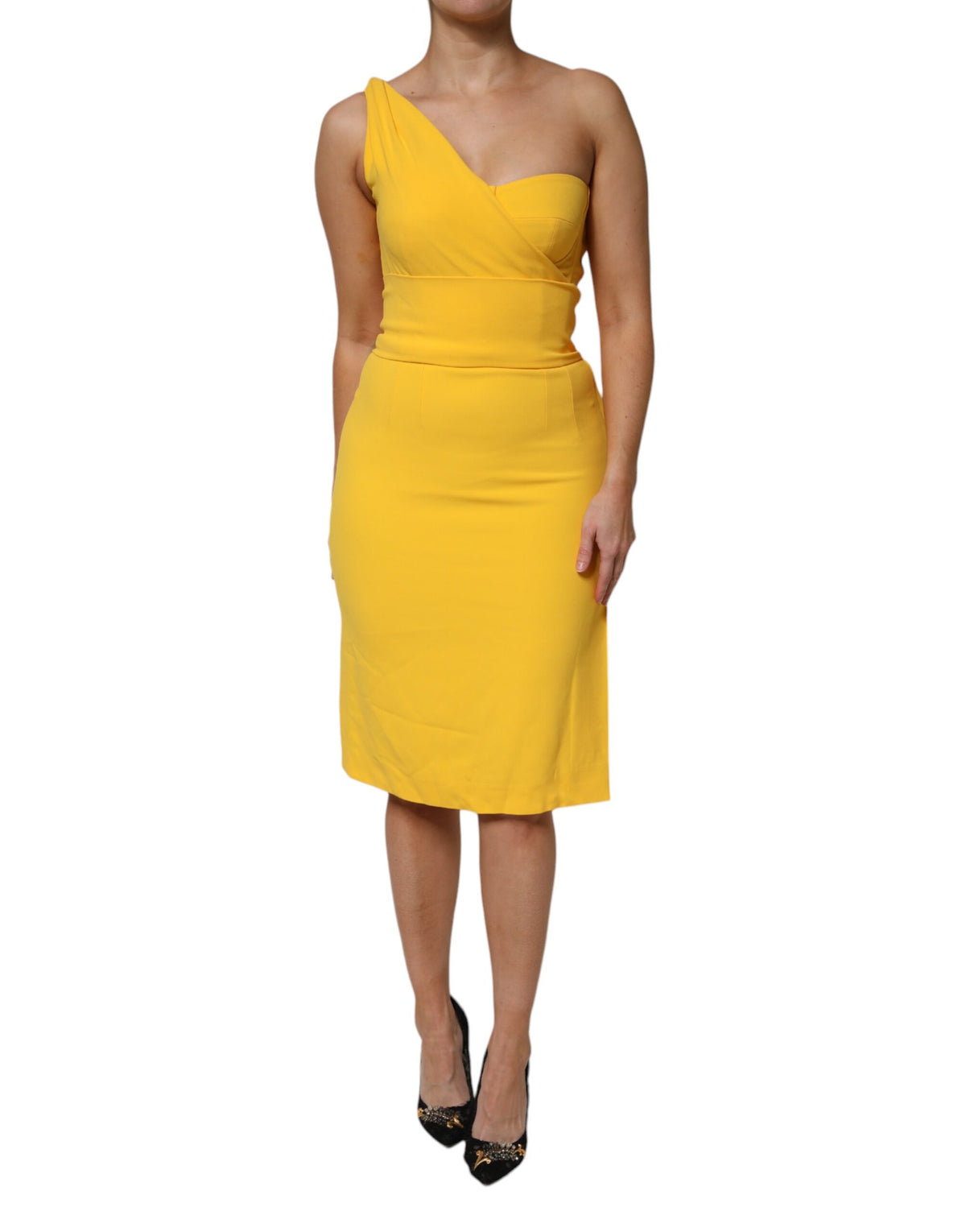 Dolce &amp; Gabbana – Gelbes Midikleid mit One-Shoulder-Träger und seitlichem Schlitz