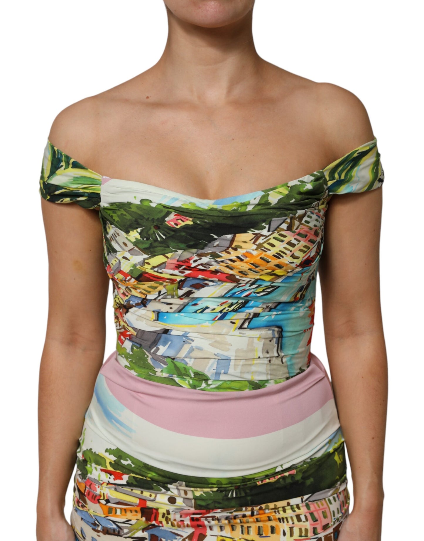 Dolce &amp; Gabbana – Langes, mehrfarbiges, schulterfreies Etuikleid