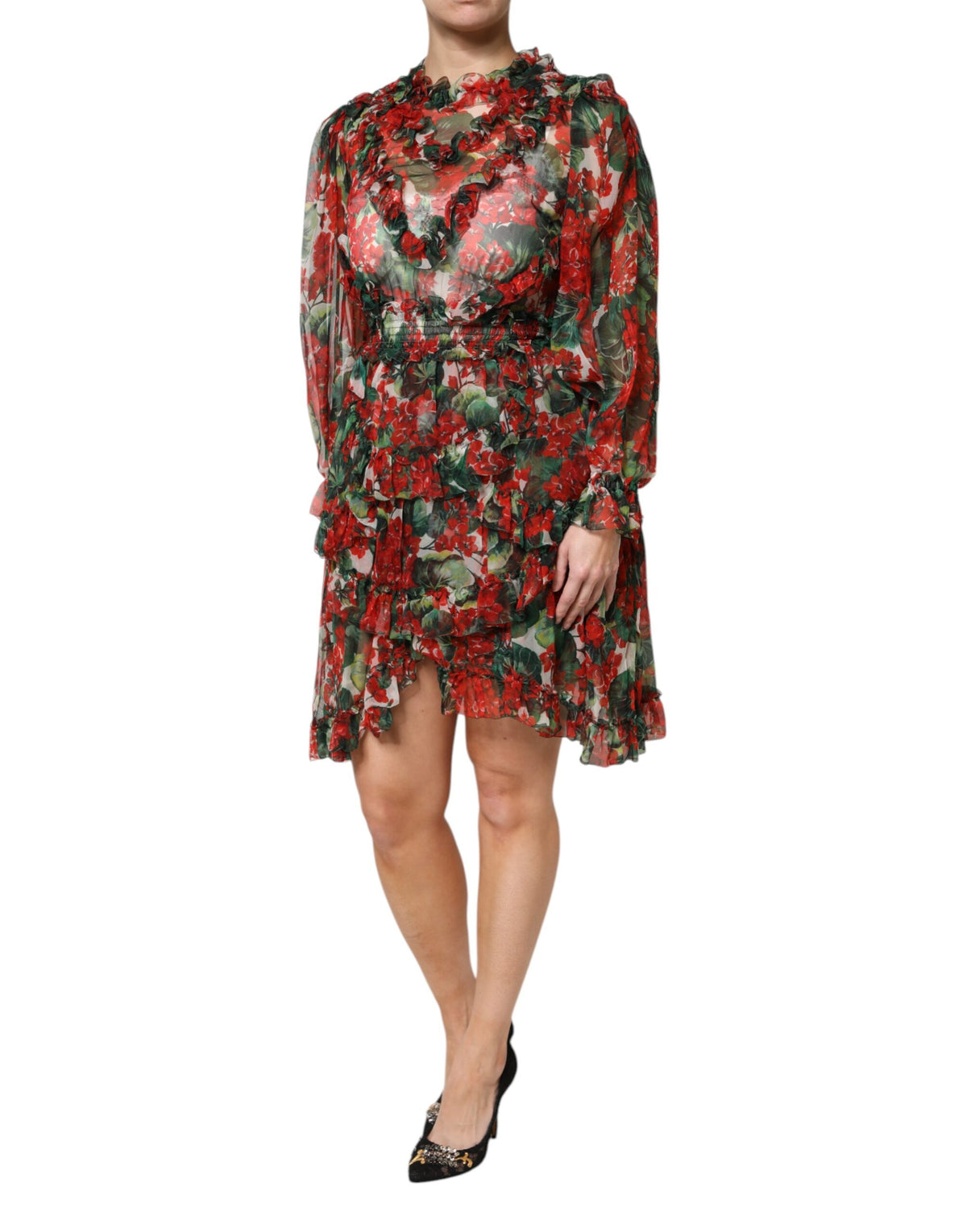 Dolce &amp; Gabbana – Mehrfarbiges, langärmliges Kleid mit Rüschen und Blumenmuster
