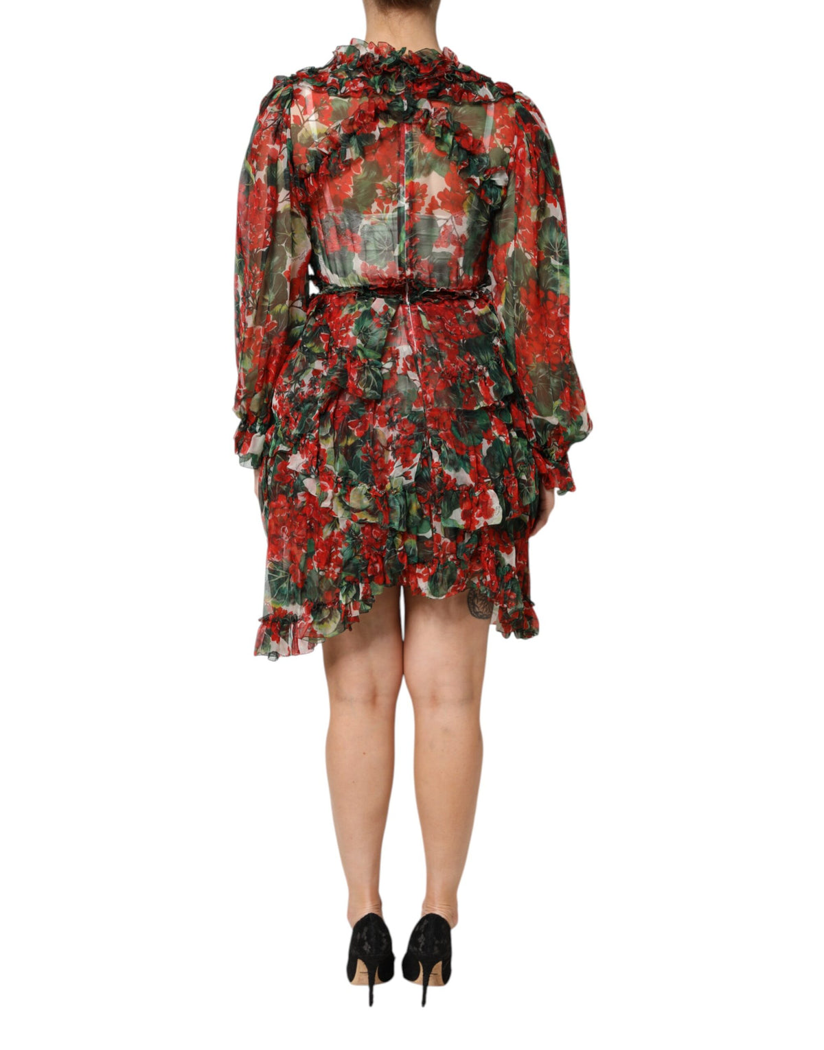 Dolce &amp; Gabbana – Mehrfarbiges, langärmliges Kleid mit Rüschen und Blumenmuster
