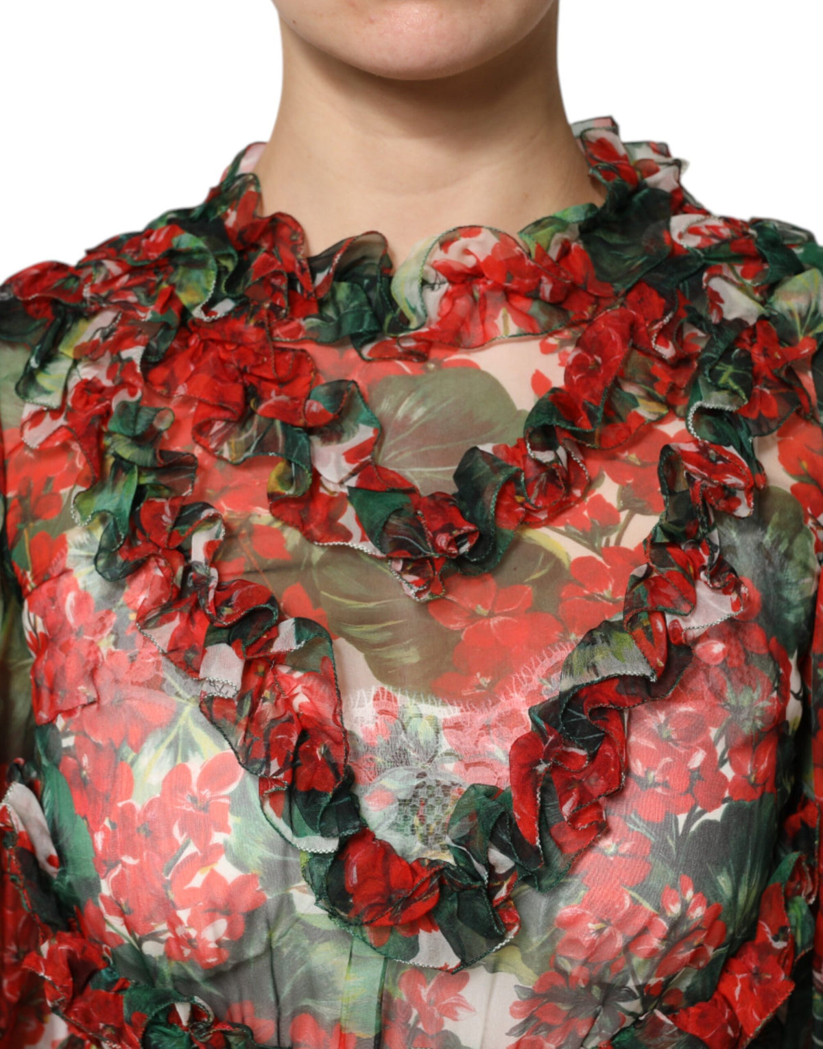 Dolce &amp; Gabbana – Mehrfarbiges, langärmliges Kleid mit Rüschen und Blumenmuster