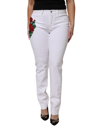 Dolce &amp; Gabbana Weiße GIRLY-Jeans mit Blumen- und Paillettenbesatz