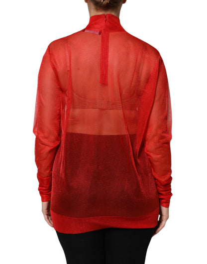 Dolce &amp; Gabbana – Langärmliges Blusenoberteil mit Rollkragen aus rotem Tüll