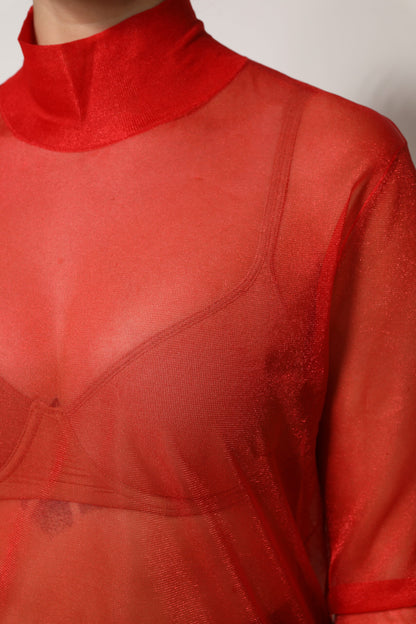 Dolce &amp; Gabbana – Langärmliges Blusenoberteil mit Rollkragen aus rotem Tüll