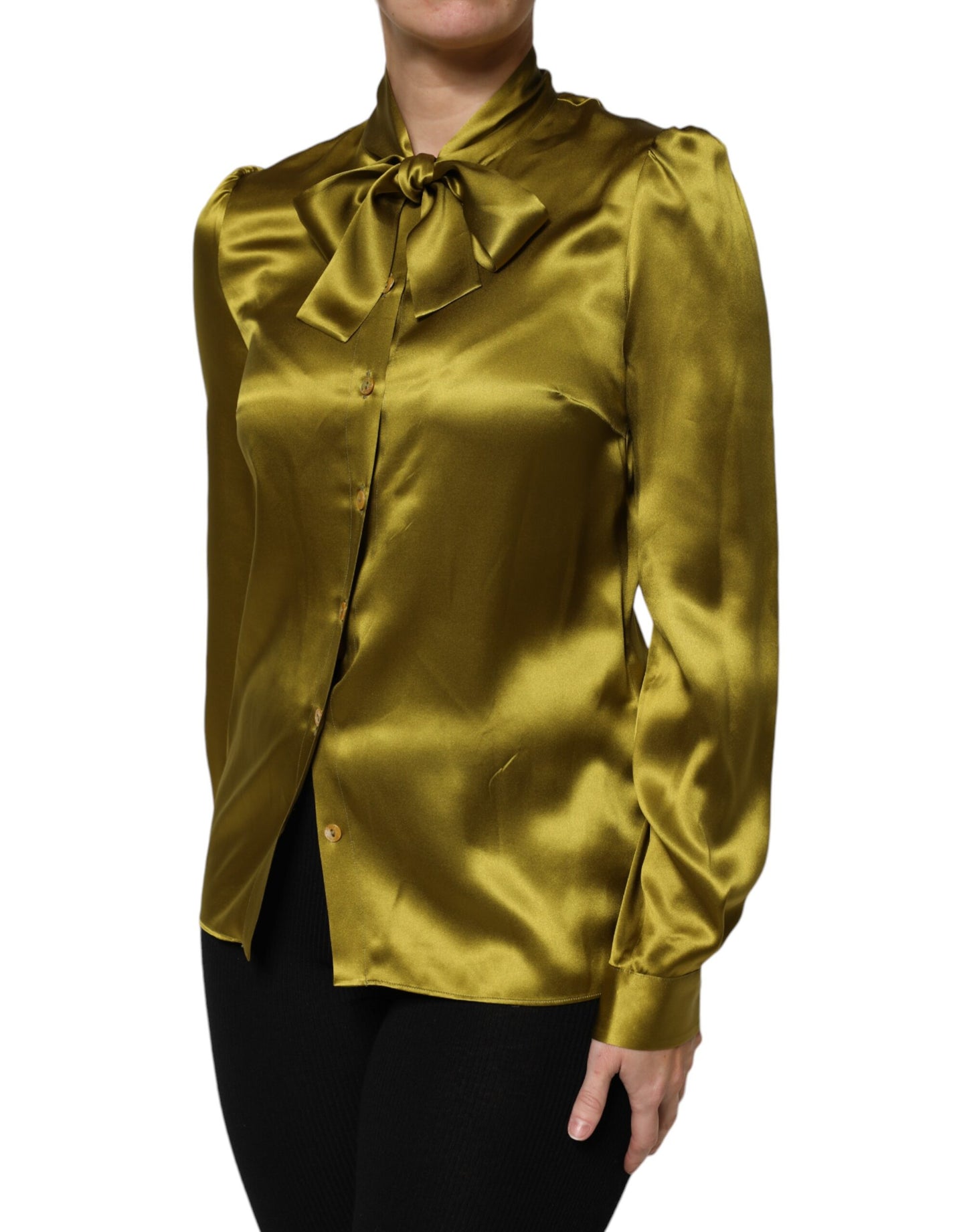 Dolce &amp; Gabbana – Grünes Blusenoberteil mit Ascot-Kragen und langen Ärmeln