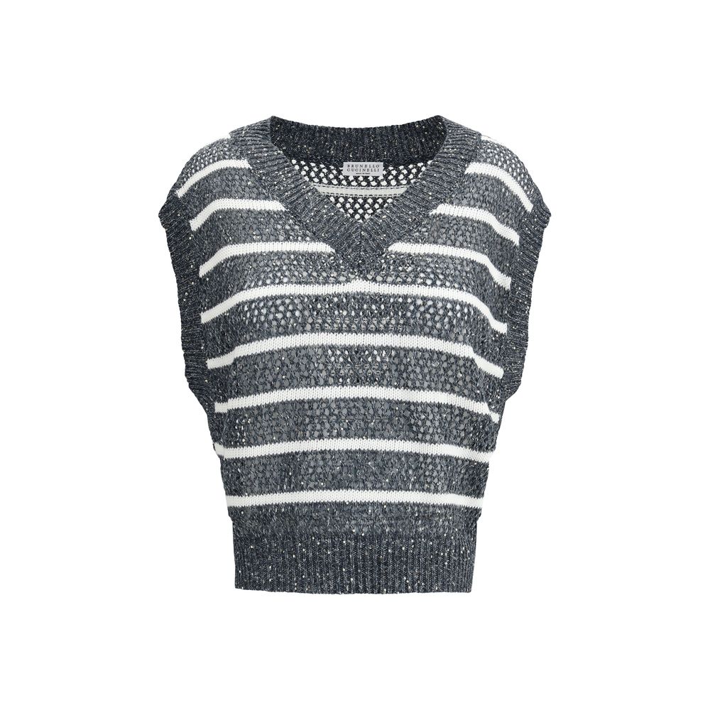 Ärmelloser Pullover aus blauem Leinen von Brunello Cucinelli