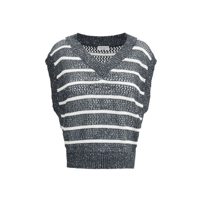 Ärmelloser Pullover aus blauem Leinen von Brunello Cucinelli