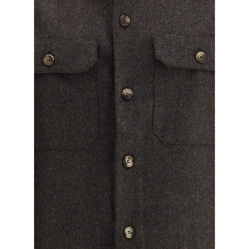 Brunello Cucinelli Braun kariertes Wollfleece-Hemd