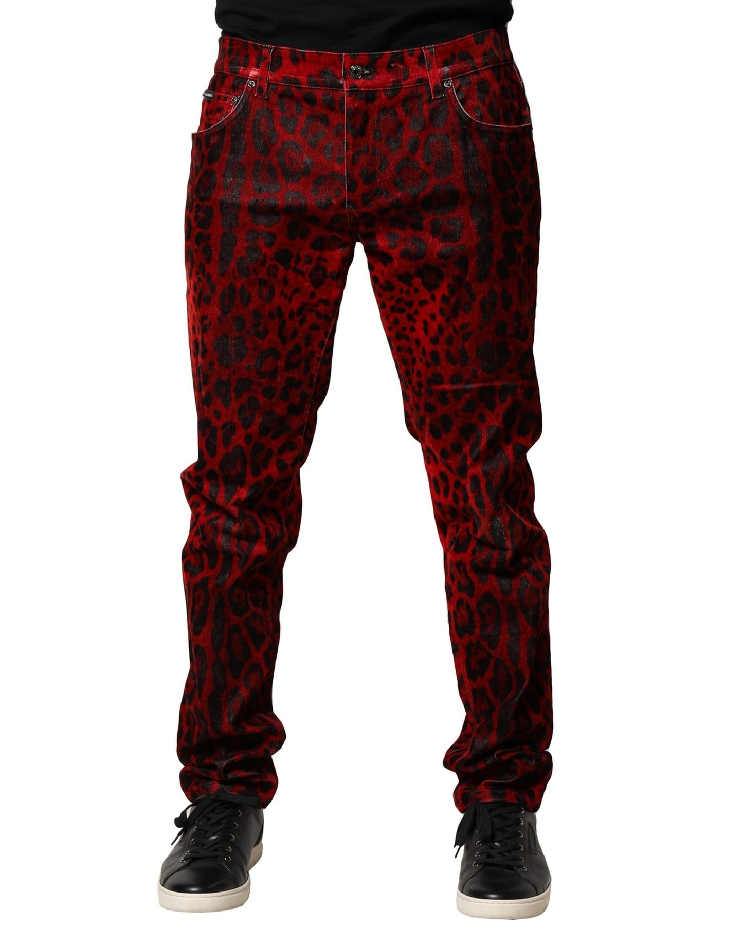 Dolce & Gabbana Red Leopard Print Cotton Skinny Denim Jeans