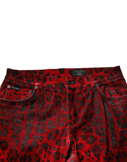 Dolce & Gabbana Red Leopard Print Cotton Skinny Denim Jeans