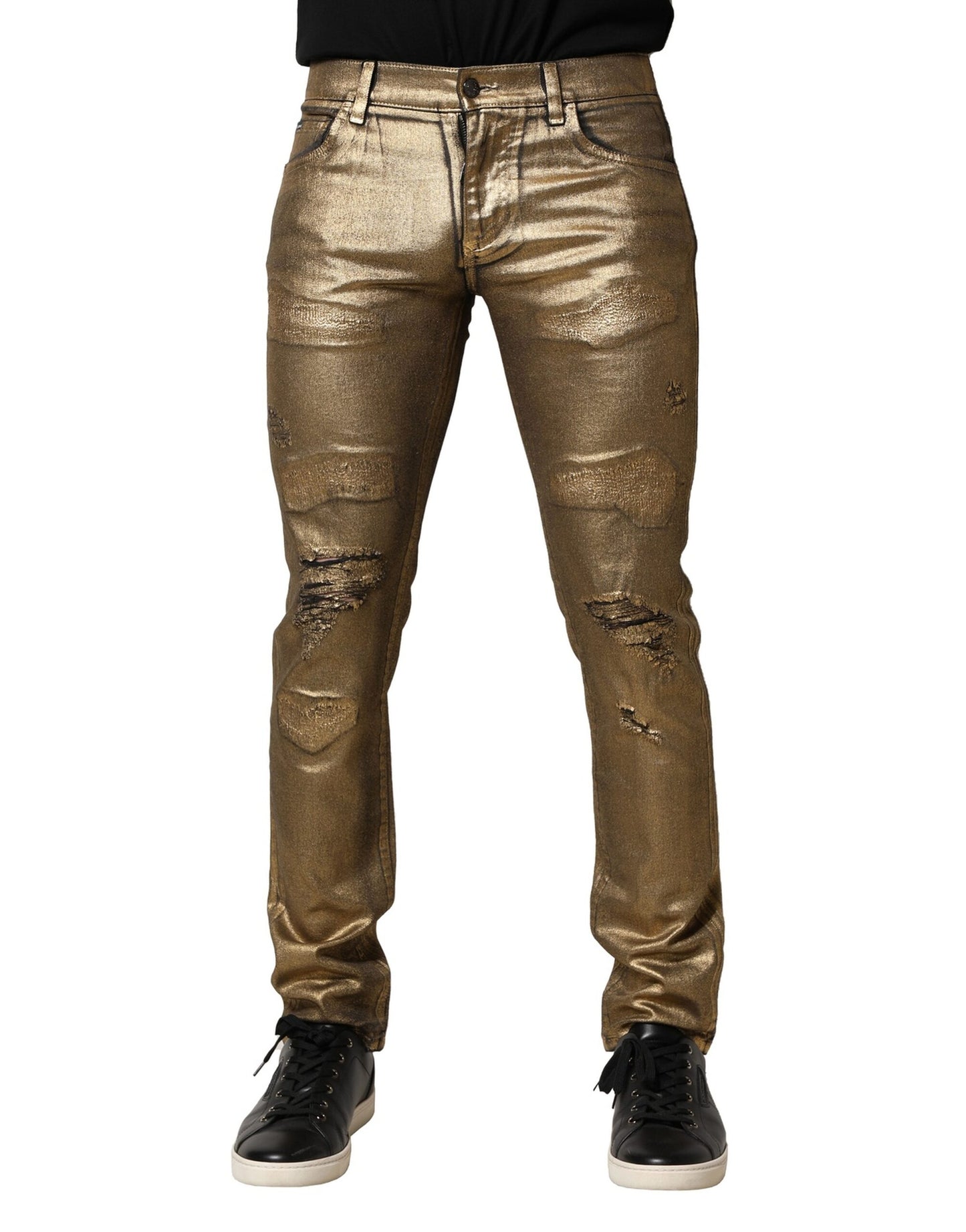 Dolce &amp; Gabbana – Schmale Jeans aus zerfetzter Baumwolle und Stretch in Gold