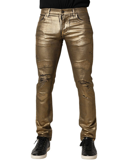 Dolce &amp; Gabbana – Schmale Jeans aus zerfetzter Baumwolle und Stretch in Gold
