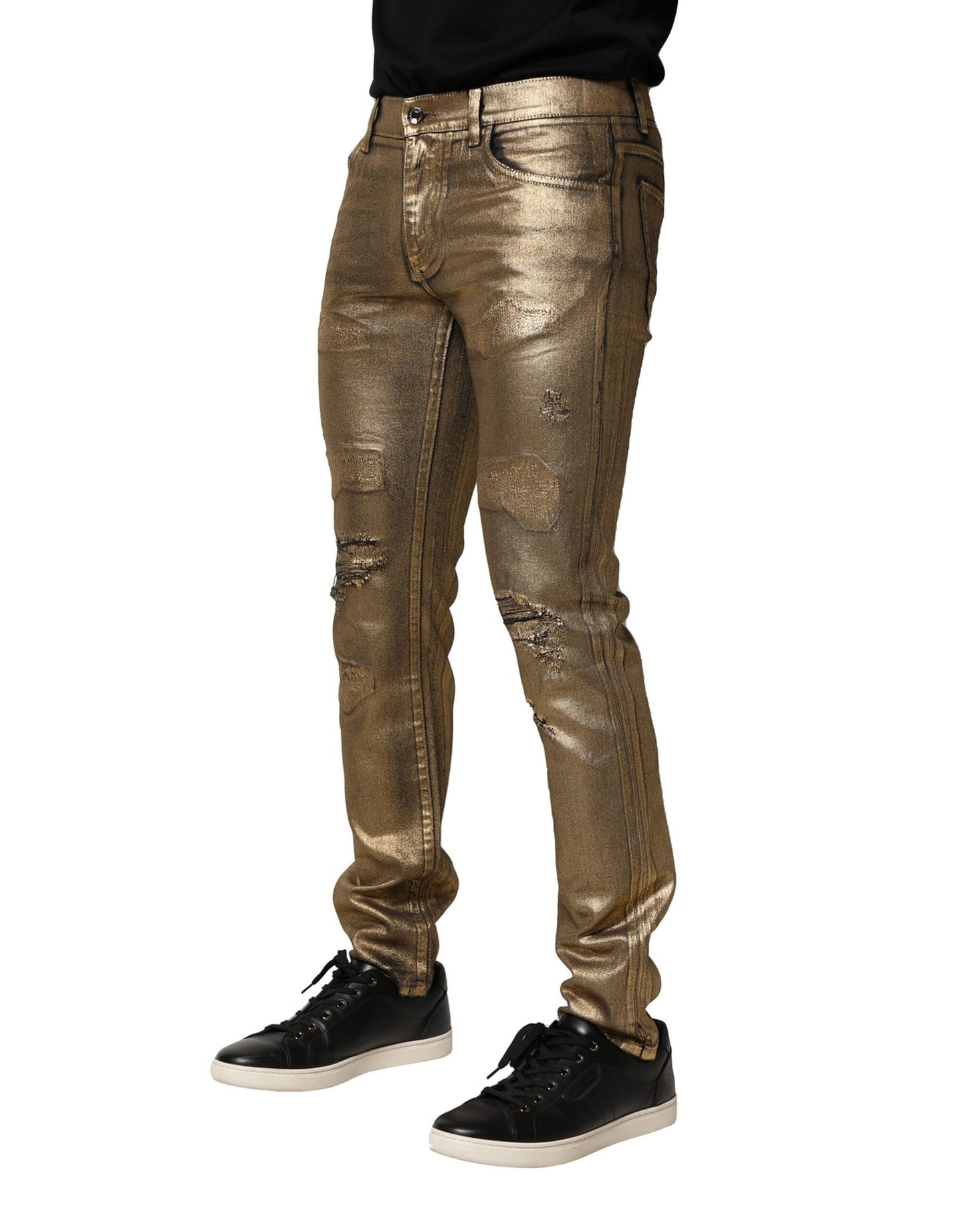 Dolce &amp; Gabbana – Schmale Jeans aus zerfetzter Baumwolle und Stretch in Gold