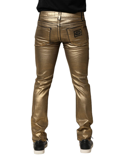 Dolce &amp; Gabbana – Schmale Jeans aus zerfetzter Baumwolle und Stretch in Gold