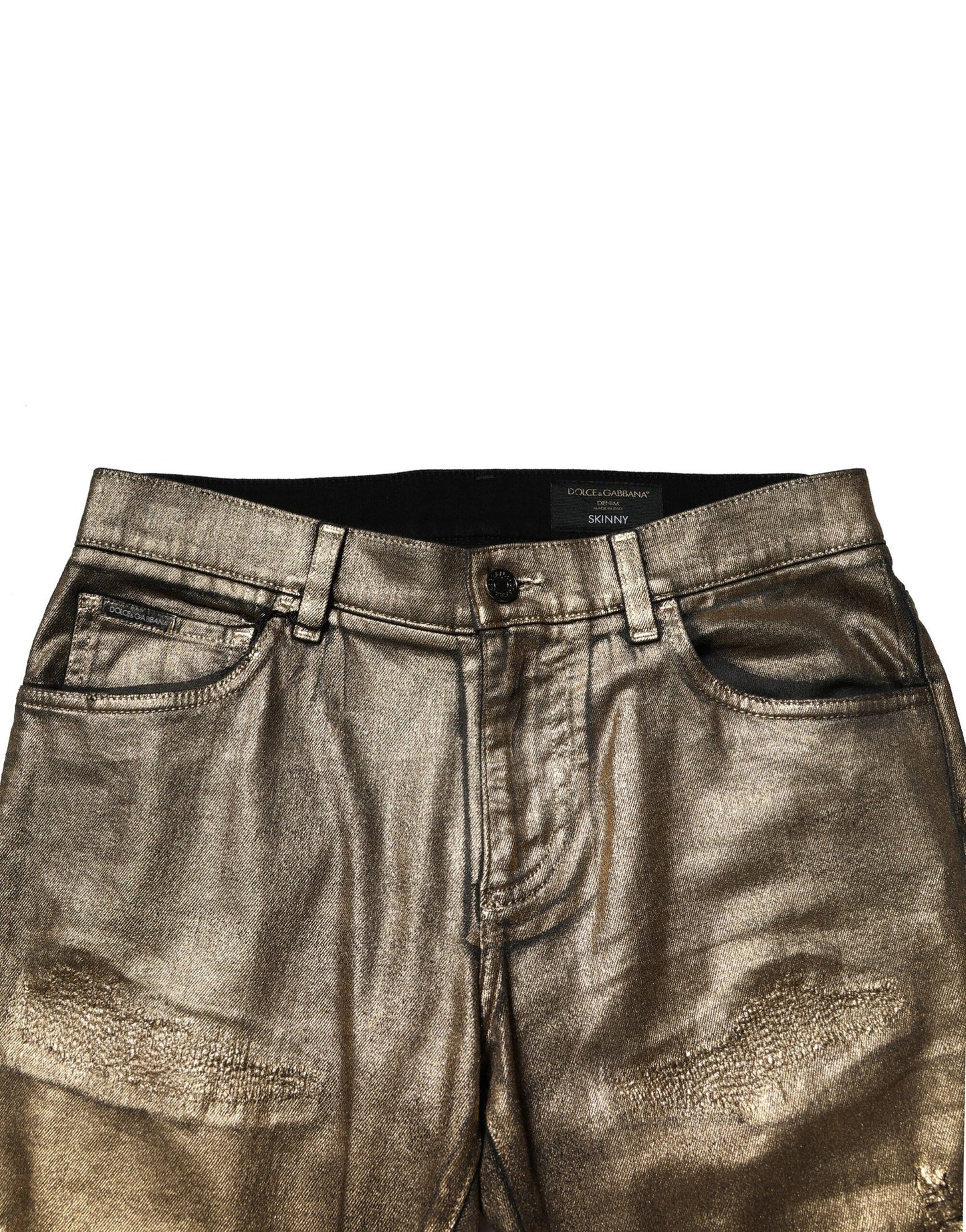 Dolce &amp; Gabbana – Schmale Jeans aus zerfetzter Baumwolle und Stretch in Gold