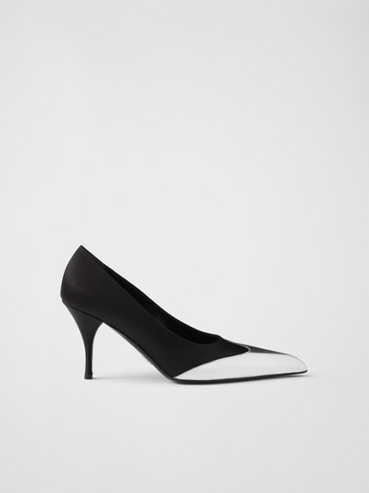 Prada Black Satin And Metallic Silver Leather Pumps