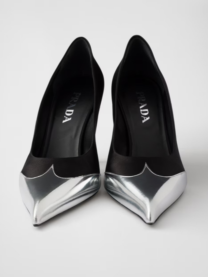 Prada Black Satin And Metallic Silver Leather Pumps