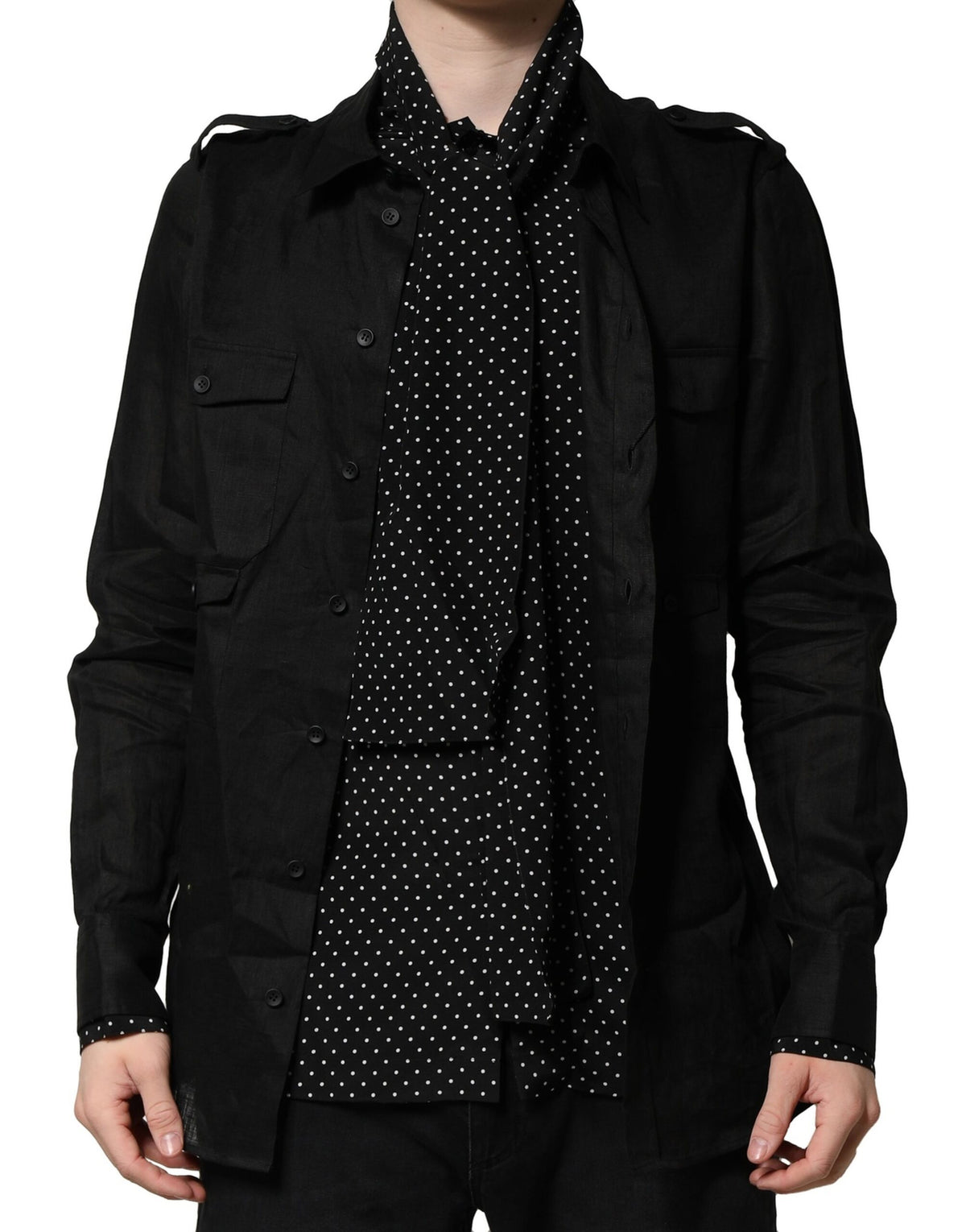 Dolce &amp; Gabbana Schwarzes gepunktetes Leinen-Seiden-Freizeithemd für Herren
