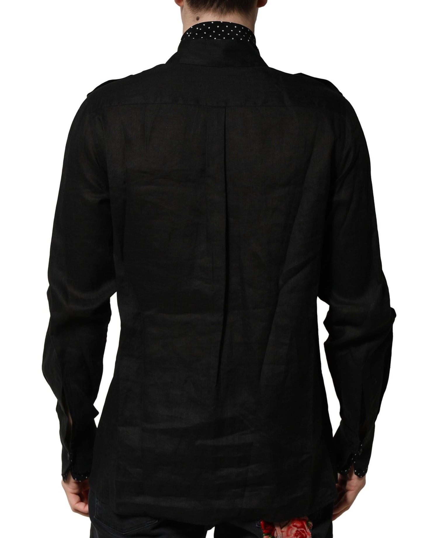 Dolce &amp; Gabbana Schwarzes gepunktetes Leinen-Seiden-Freizeithemd für Herren