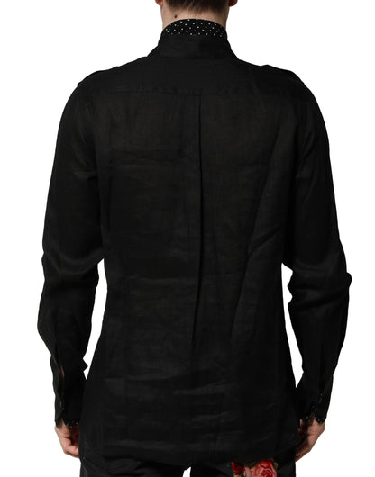 Dolce &amp; Gabbana Schwarzes gepunktetes Leinen-Seiden-Freizeithemd für Herren