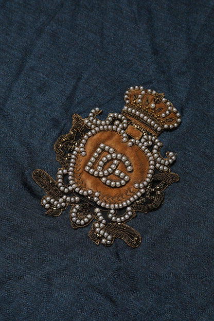 Dolce &amp; Gabbana – Dunkelblaues Seiden-T-Shirt mit Logo-Patch und Rundhalsausschnitt