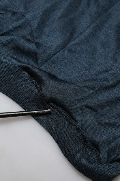 Dolce &amp; Gabbana – Dunkelblaues Seiden-T-Shirt mit Logo-Patch und Rundhalsausschnitt