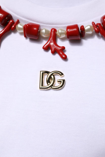Dolce &amp; Gabbana – Weißes, verziertes Baumwoll-T-Shirt mit Rundhalsausschnitt