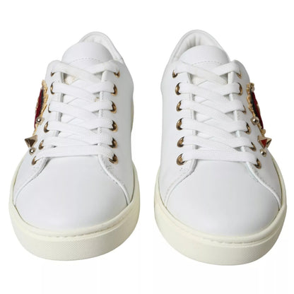 Dolce &amp; Gabbana Weiße Leder Gold Rote Herz Sneakers Schuhe
